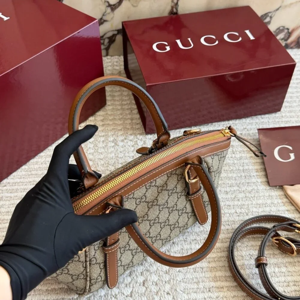 💖 GUCCI 💖 GG Canvas Mini Top Handle Bag Brown Leather Trim Gold Hardware - Picture 3 of 9